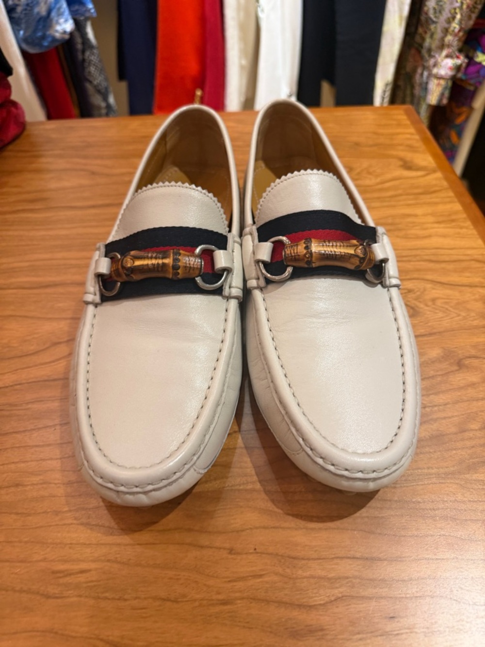 Gucci White Leather Loafers with Navy & Red Web and Bamboo Bit - Picture 2 of 3